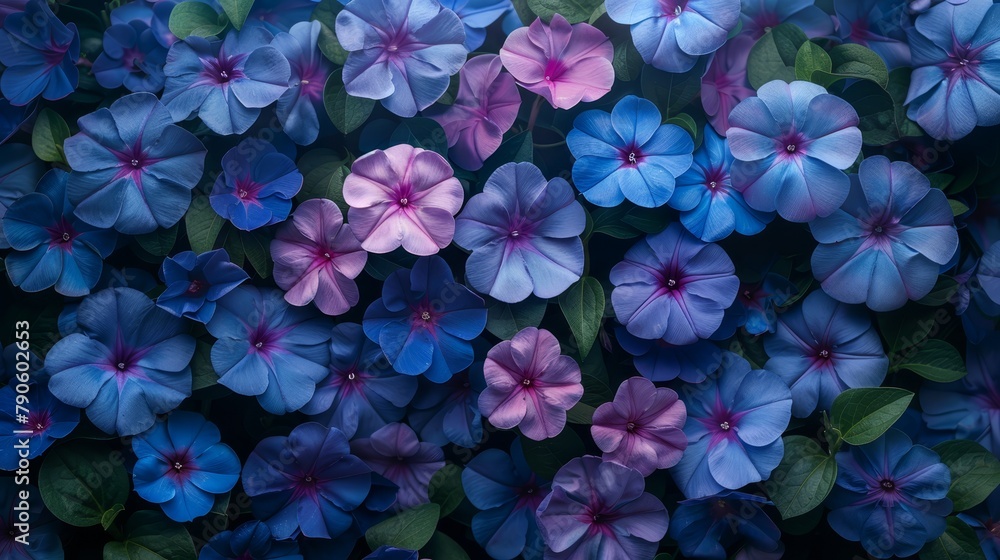 A collection of blue and pink blossoms, each featuring green foliage at their bases, appears in the image's bottom portion A collection of blue and pink blossoms, each featuring green foliage at their bases, appears in the image's bottom portion