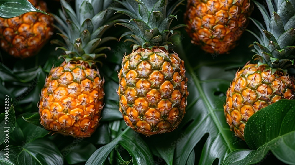 A cluster of pineapples situated on a verdant, leafy expanse A cluster of pineapples situated on a verdant, leafy expanse