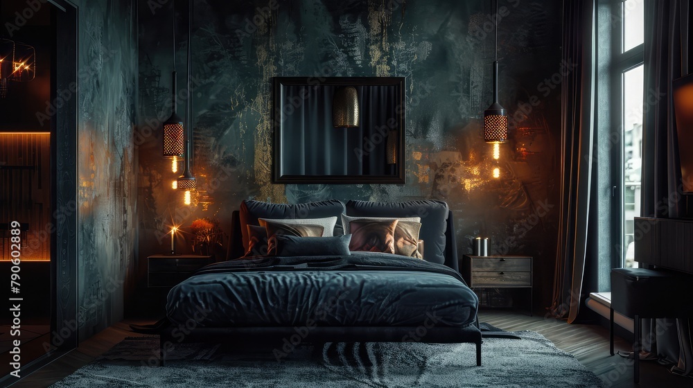Fototapeta premium Interior of modern bedroom with wooden walls, concrete floor, comfortable king size bed and wooden wardrobe. 3d rendering,a contemporary stone pine bed with hanging lamps 