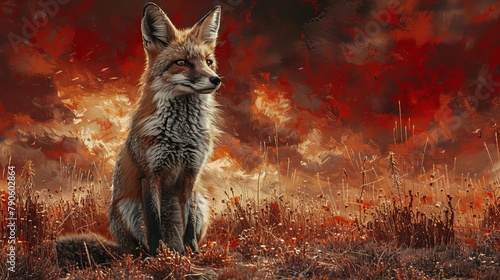 Serenity at sunset: A desert fox stands majestically against a vibrant red sky