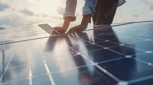 Engineers or Specialist technicians check the quality of installing solar photovoltaic panels and Use technology applications to check accumulated power generation from solar panels on tablets.