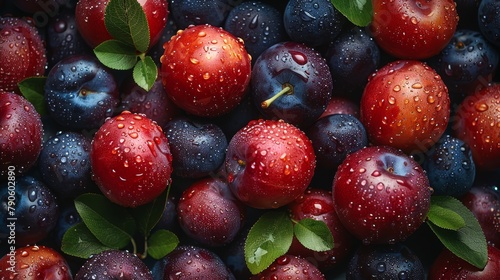   A mound of blueberries and plums with water beads and verdant leaves above