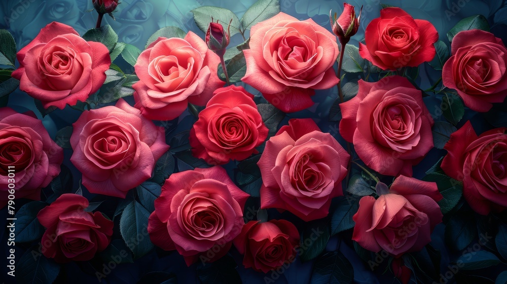 Red roses with green leaves against a blue backdrop; a solitary red rose in the center Red roses with green leaves against a blue backdrop; a solitary red rose in the center