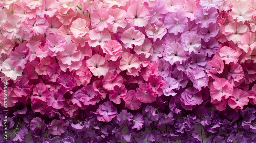A multitude of pink and purple flowers covering the foreground, surrounded by a wall of identical hues A multitude of pink and purple flowers covering the foreground, surrounded by a wall of identical hues