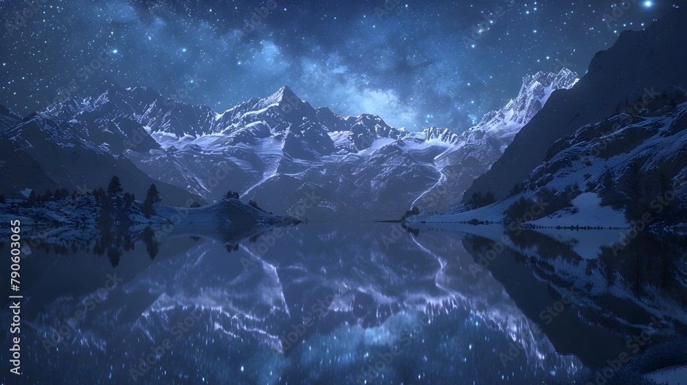 Ethereal Reflections A Serene Alpine Lake Mirroring the Starry Night Sky