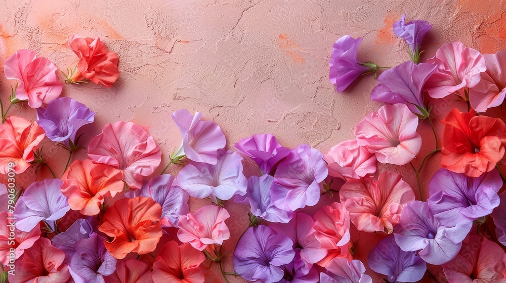 pink, purple, and orange blooms in tight focus pink, purple, and orange blooms in tight focus