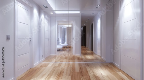 Entrance hall with large mirror install on wall over hardwood floor close to white front door and intercom phone. Vertical shot of modern apartment with minimalist interior design