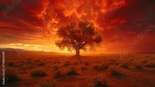 Majestic desert tree silhouetted against a fiery sunset sky