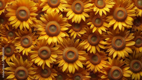   A large group of sunflowers with yellow petals and brown centers Smaller sunflowers are in the background
