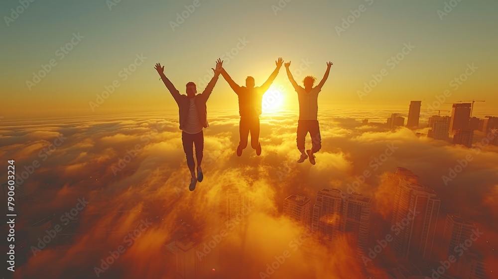 Three individuals leap above clouds, arms extended towards the sun behind them Three individuals leap above clouds, arms extended towards the sun behind them