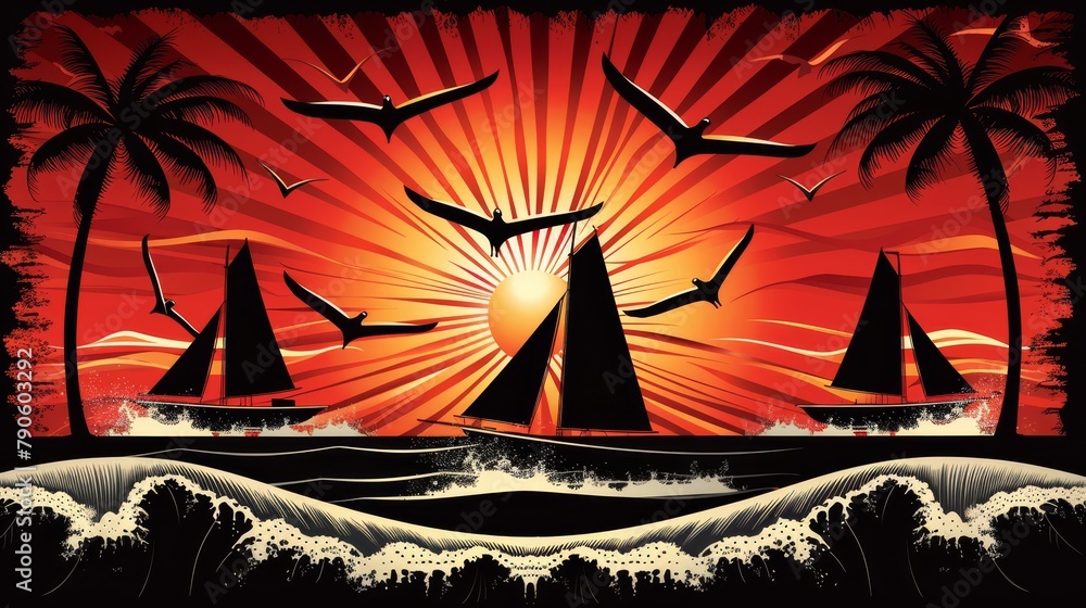  A painting depicts an individual balancing on a surfboard against a backdrop of a setting sun Birds fly overhead, above the tranquil