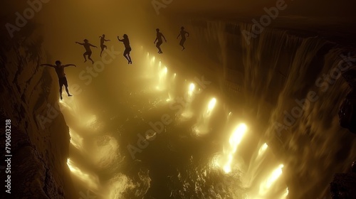   A group jumps from a cliff into a fog-shrouded body of water at night photo