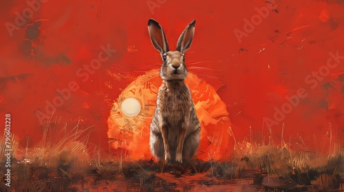 Surreal portrait of a jackrabbit standing in a fiery red landscape
