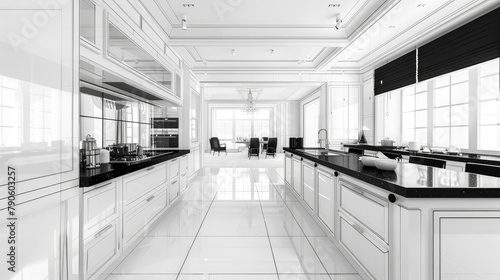 A picture of a black and white luxury kitchen design with a large marble island and empty counter cabinets, Modern cooking interior with four black chairs and table, sink with kitchenware and white 
