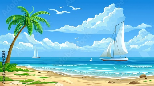   A painting of a sailboat in the ocean  with a palm tree in the foreground and another sailboat in the background