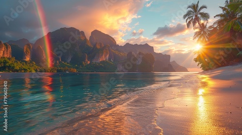   A rainbow-adorned sky hovers over a beach, with a mountain range distantly framing its edge A tranquil body of water lies in the foreground photo