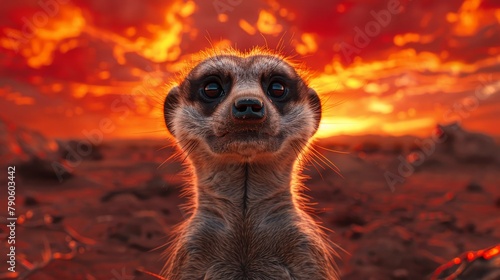 Captivating meerkat portrait against a vibrant sunset sky in the desert
