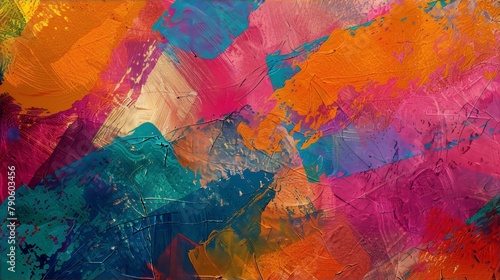 Brightly colored abstract painting with thick oil paint brush strokes in blue, green, pink, yellow, and orange.