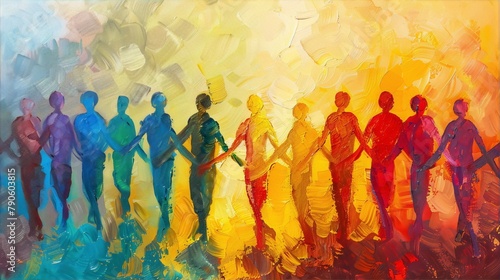 Unity and diversity of people in bright colors holding hands, painted in an abstract style with thick oil-like brush strokes on canvas, conveying a sense of community and togetherness.