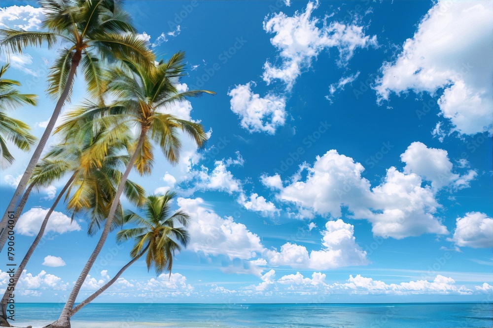 Beach bliss under cerulean sky and fluffy clouds with leaning palm trees in foreground
