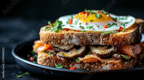  A tight shot of a sandwich on a plate, topped with a golden fried egg, and surrounded by assorted vegetables