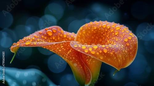   A tight shot of a bloom, with dewdrops adorning its petals, and a hazy backdrop © Shanti