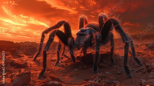 Stunning portrait of a tarantula in a dramatic desert sunset