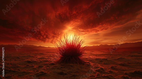 Dramatic red sky over desert landscape with isolated tumbleweed photo