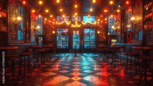   A dimly lit restaurant features a checkered floor in black and white  while red and blue lights hang from the ceiling