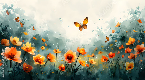 Blossoming Harmony: Lively Watercolor Dance of Butterflies and Rain-Soaked Flowers © Thien Vu