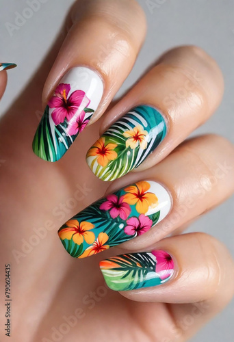 Nail art close-up  floral designs  vibrant shades  glossy finish  woman hand with nail polish  nail art and design  female hand model