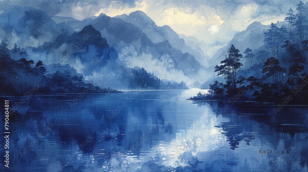Tranquil blue mountain landscape with serene river and distant hills in a digital painting
