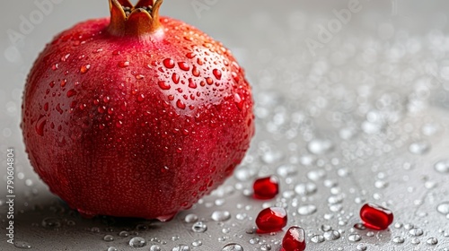 A tight shot of a pomegranate on a table, adorned with pearls of water and crowned by its lush foliage