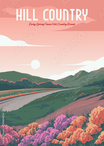 texas spring hill country roads vintage poster design, us national park poster © linimasa