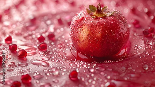  A red apple sits atop a wet table, its surface speckled with water drops The apple is crowned by a vibrant green leaf