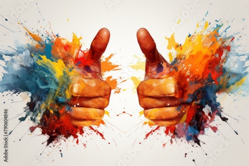 Dynamic thumbs up artwork with colorful paint splashes in abstract style photo