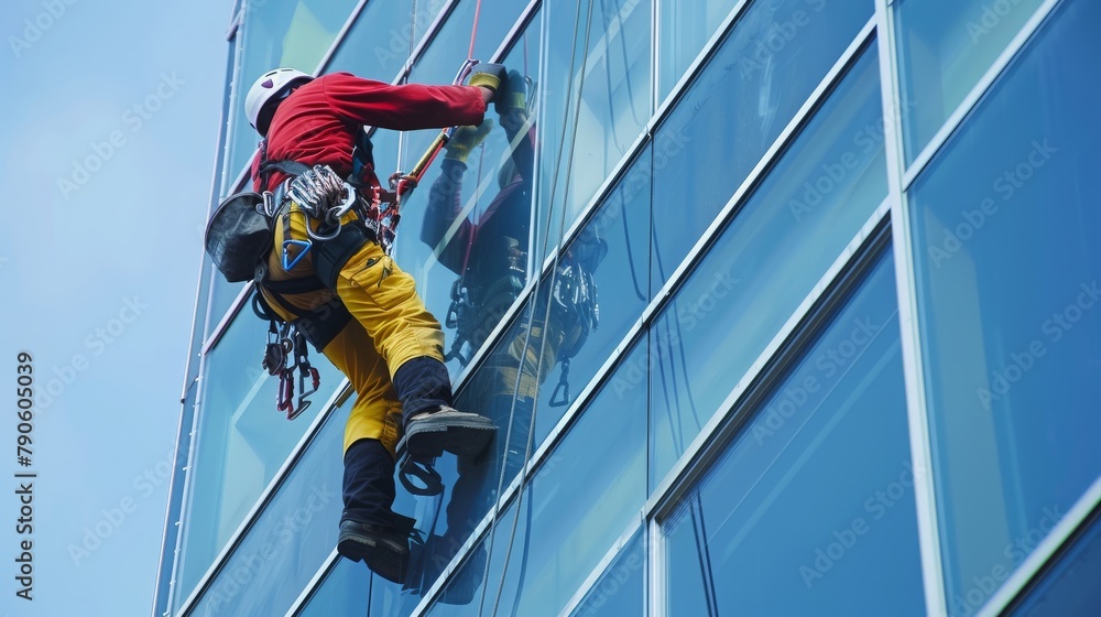 Rope access worker installing window glass of building