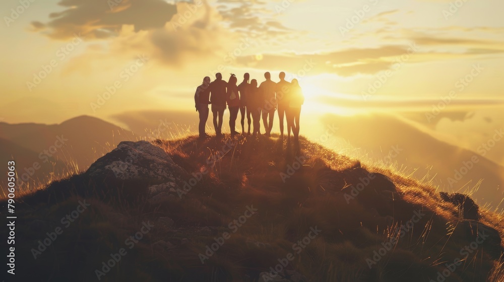 A group of friends stands together on a mountain at sunrise, symbolizing camaraderie and adventure A group of friends stands together on a mountain at sunrise, symbolizing camaraderie and adventure