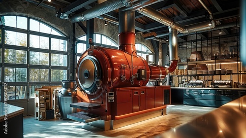 A large modern and stylish red industrial coffee roaster, vaulted ceiling, metal ventilation pipes. Generative AI.