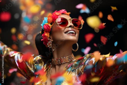 Vibrant celebration with colorful confetti and festive attire
