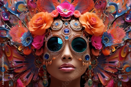 Elegant model in ornate carnival mask and vibrant headdress