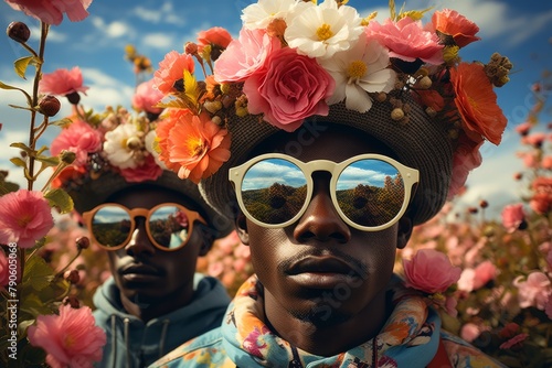 Stylish men with floral hats and sunglasses in a blooming flower field