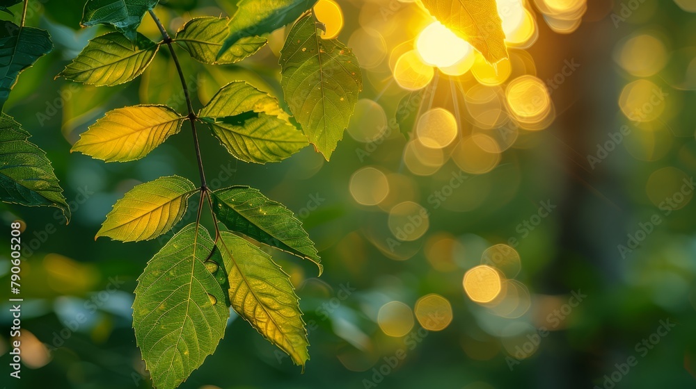   A tight shot of a sunlit tree leaf, sun rays filtering through, background softly blurred