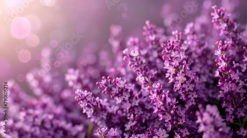  A close-up of several purplish flowers with a shallow depth of field, showcasing a distinct bokeh of light in the background The backdrop features a softly blurred