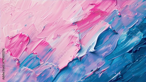 Pink and blue abstract oil painting with thick paint strokes, resembling an aerial view of a coral reef.