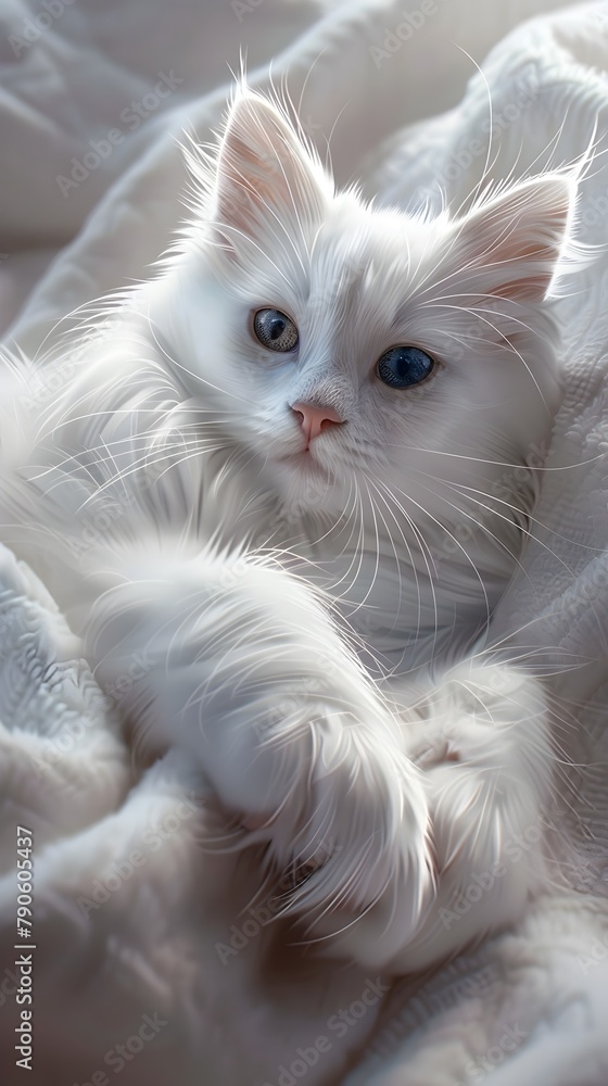 Fluffy White Cat Named Snowball Kneading on Soft Blanket