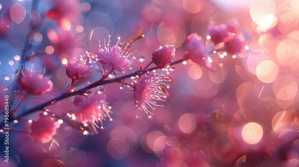 A pink flower, focusied on the petals, with dewdrops glistening on its branch against a softly blurred backdrop A pink flower, focusied on the petals, with dewdrops glistening on its branch against a softly blurred backdrop