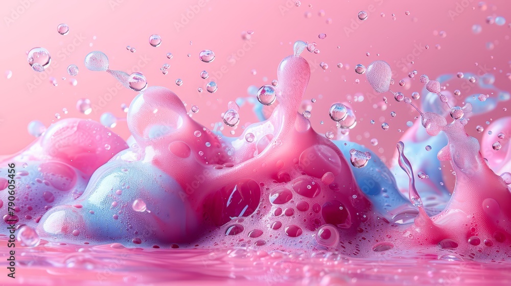 A collection of pink and blue bubbles hovering above a pink and blue liquid-filled body of water against a pink backdrop A collection of pink and blue bubbles hovering above a pink and blue liquid-filled body of water against a pink backdrop