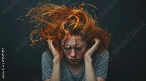 Ginger girl removing her hair, head in her hands, grey blouse against a black background, curly, untidy hair obscuring her face photo