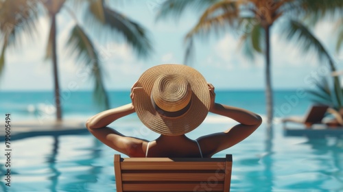Woman relaxing poolside, tropical vacation, serene, summer getaway, luxury resort, leisure, stylish hat.
